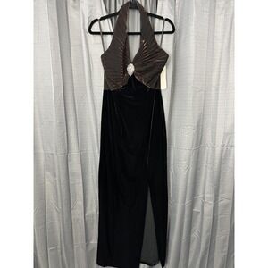 VTG Aspeed Design Velvet‎ Maxi Slit Dress Womens L Black Bronze Halter Romantic
